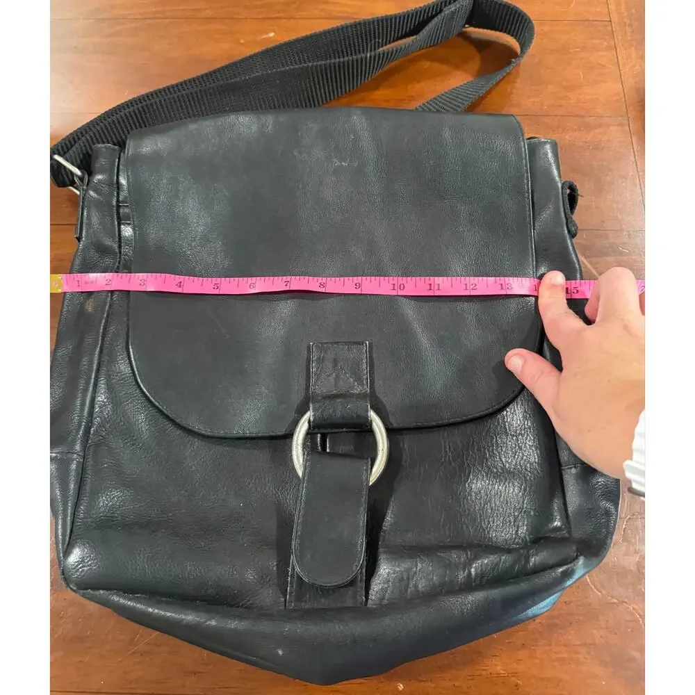 Leather black satchel unisex laptop work travel carry shoulder bag
